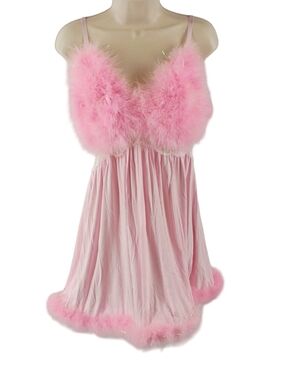 Avidlove Pink Feather Trim Lingerie Nightgown